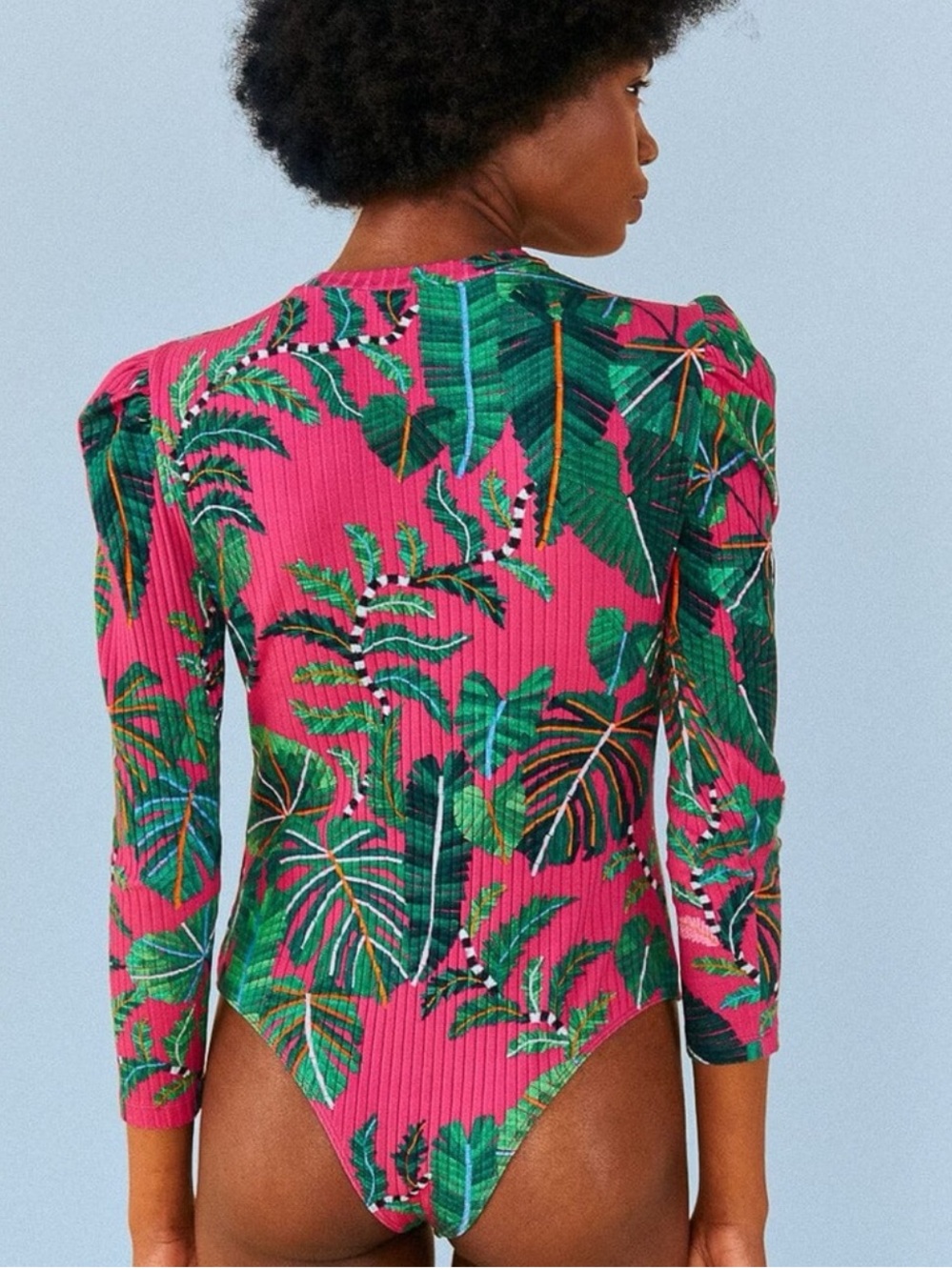 Pink Leaves Ribbed Long Sleeve Bodysuit by Farm Rio Medium - Picture 9 of 10
